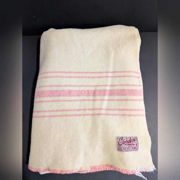 Condon's Other - Condon's 100% Wool Blanket 56" X 72" Cream Pink Stripes Blanket Stitch Woolen